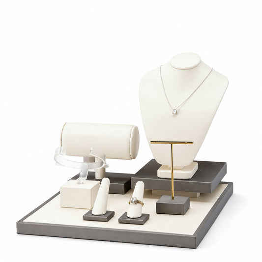 jewelry display - Custom Ivory Gray Multi-Level Jewelry Display Set CJD024 front view