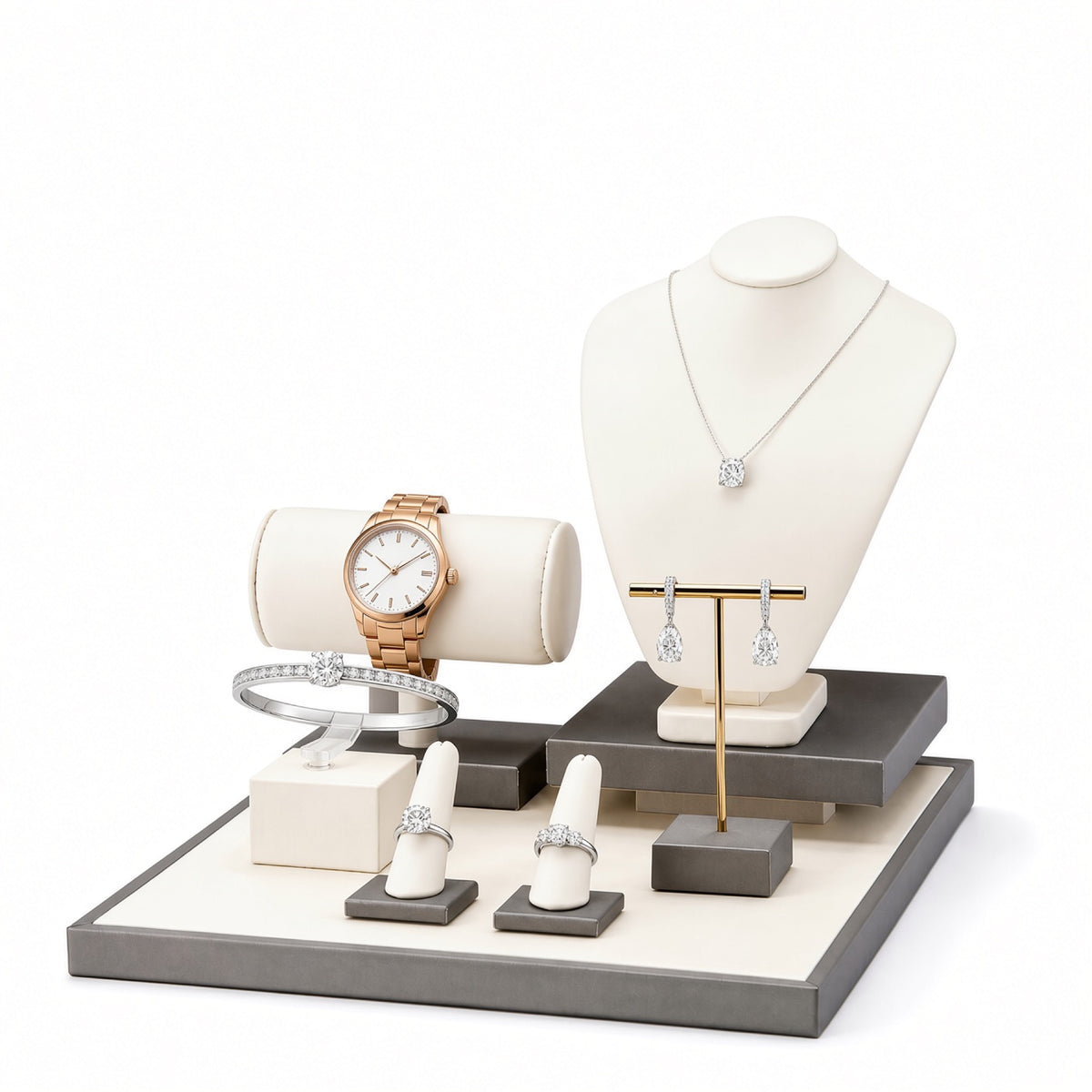 jewelry display - Custom Ivory Gray Multi-Level Jewelry Display Set CJD024 open view
