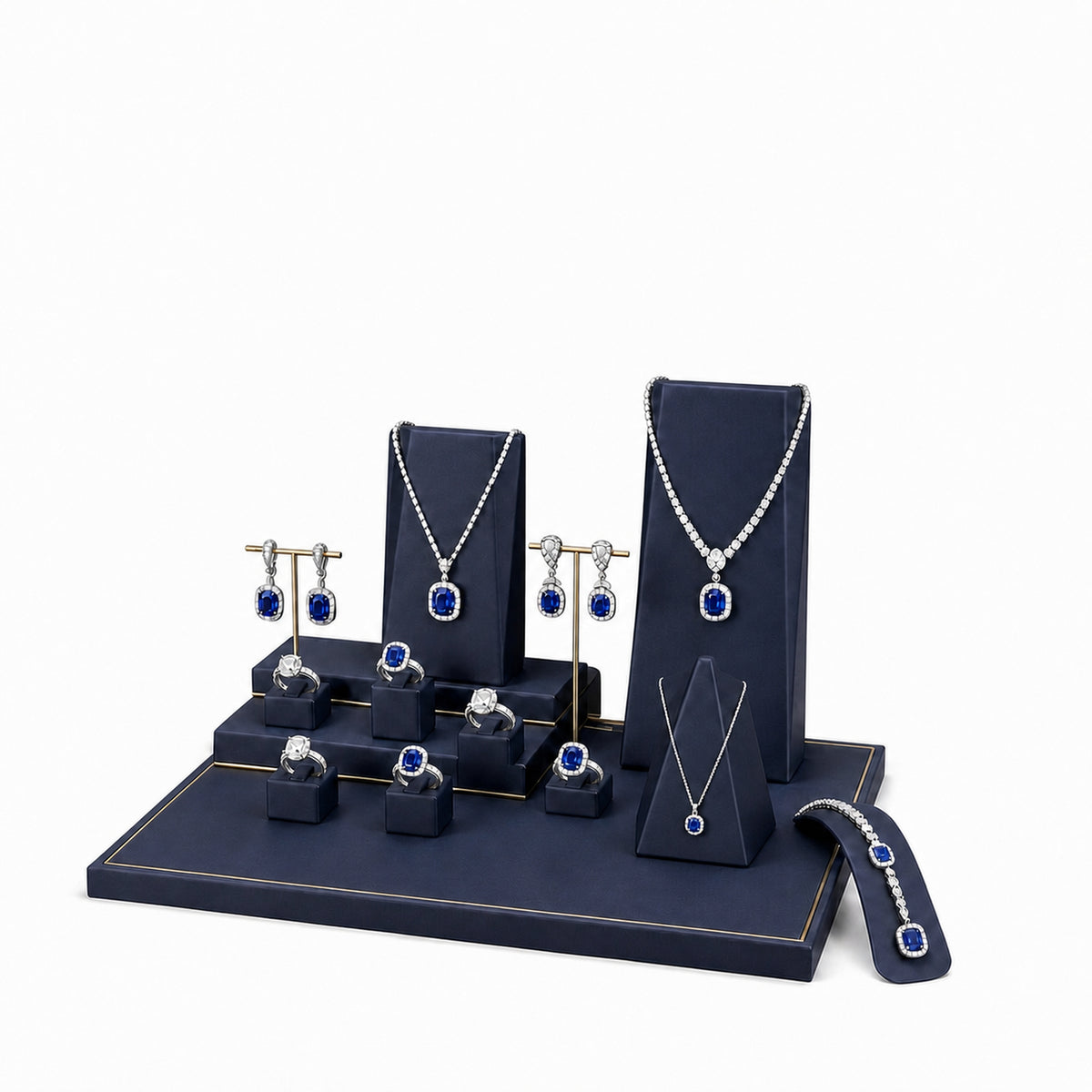 jewelry display - Custom Navy Tiered Jewelry Showcase Display Set CJD002 open view