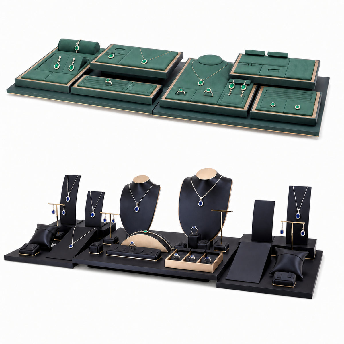 jewelry display tray - Custom Green and Black Modular Jewelry Display Tray System CJD019 open view