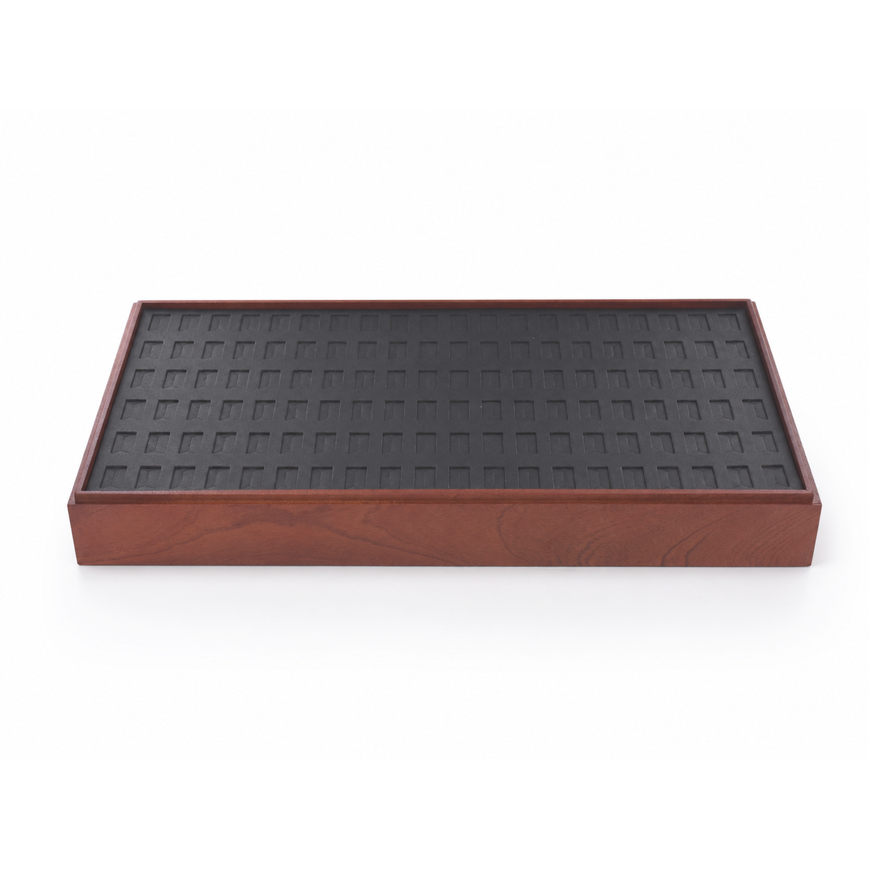 Large jewelry ring tray with wood-look frame and black slot insert