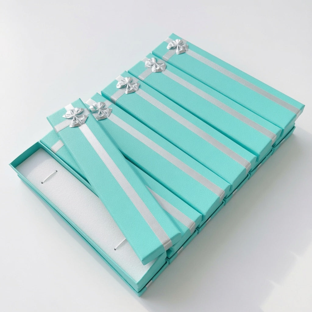 Lake blue paper bracelet boxes with silver bows in a wholesale set