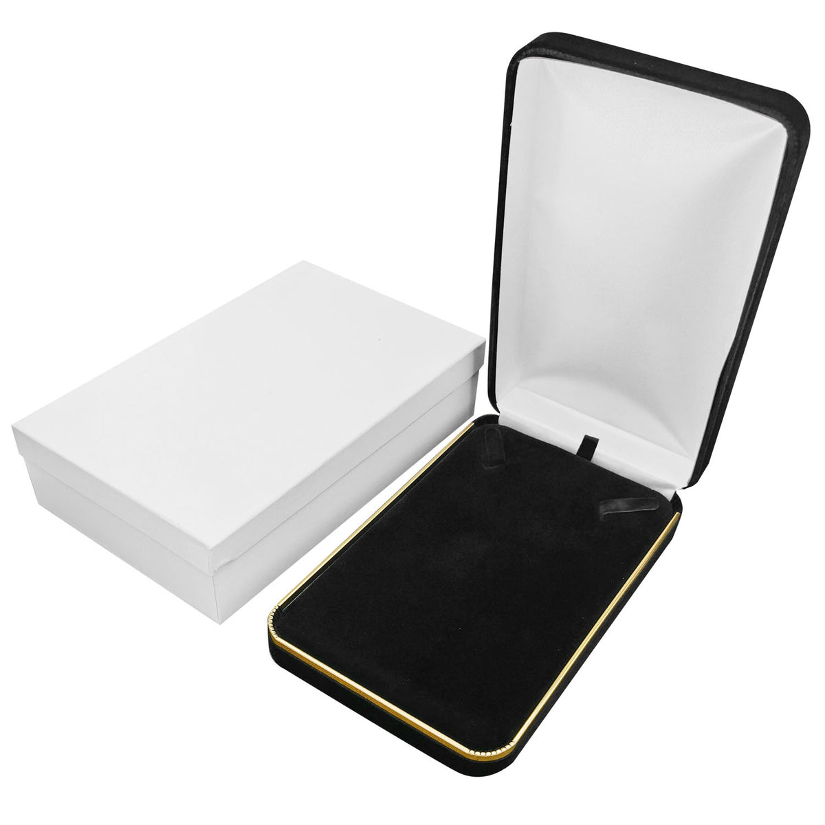 necklace box - Black Velvet Necklace Boxes with Gold Trim - 6 Pack SN7-BK open view
