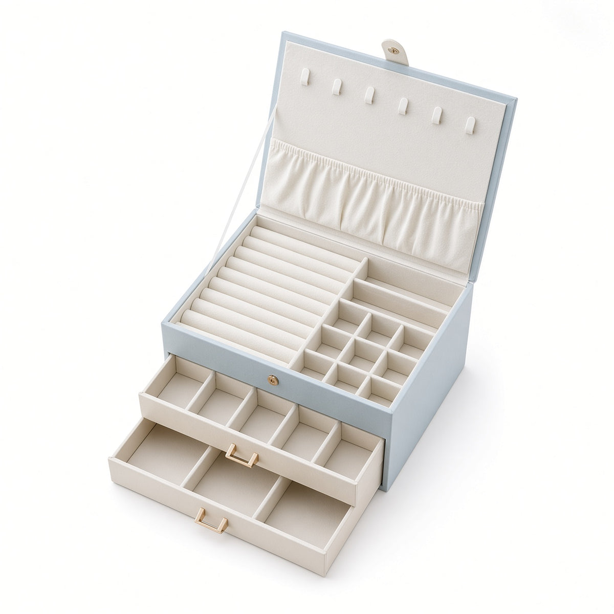 Open light blue jewelry case with six necklace hooks and two divided drawers