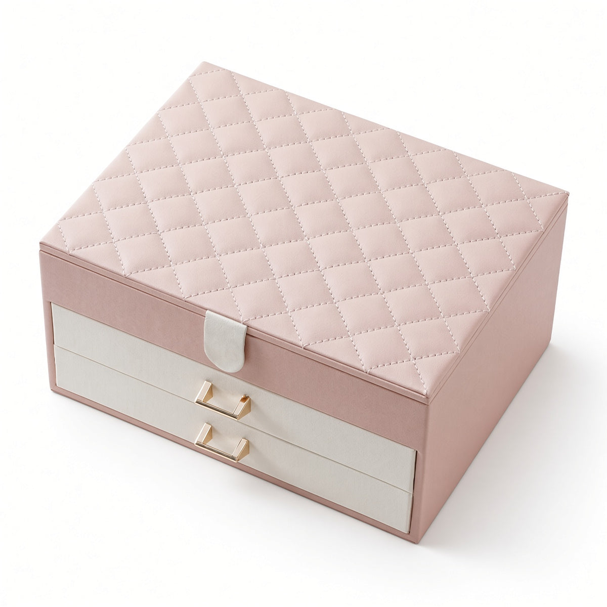 Peach pink three-level jewelry organizer with ivory drawers and gold-tone handles