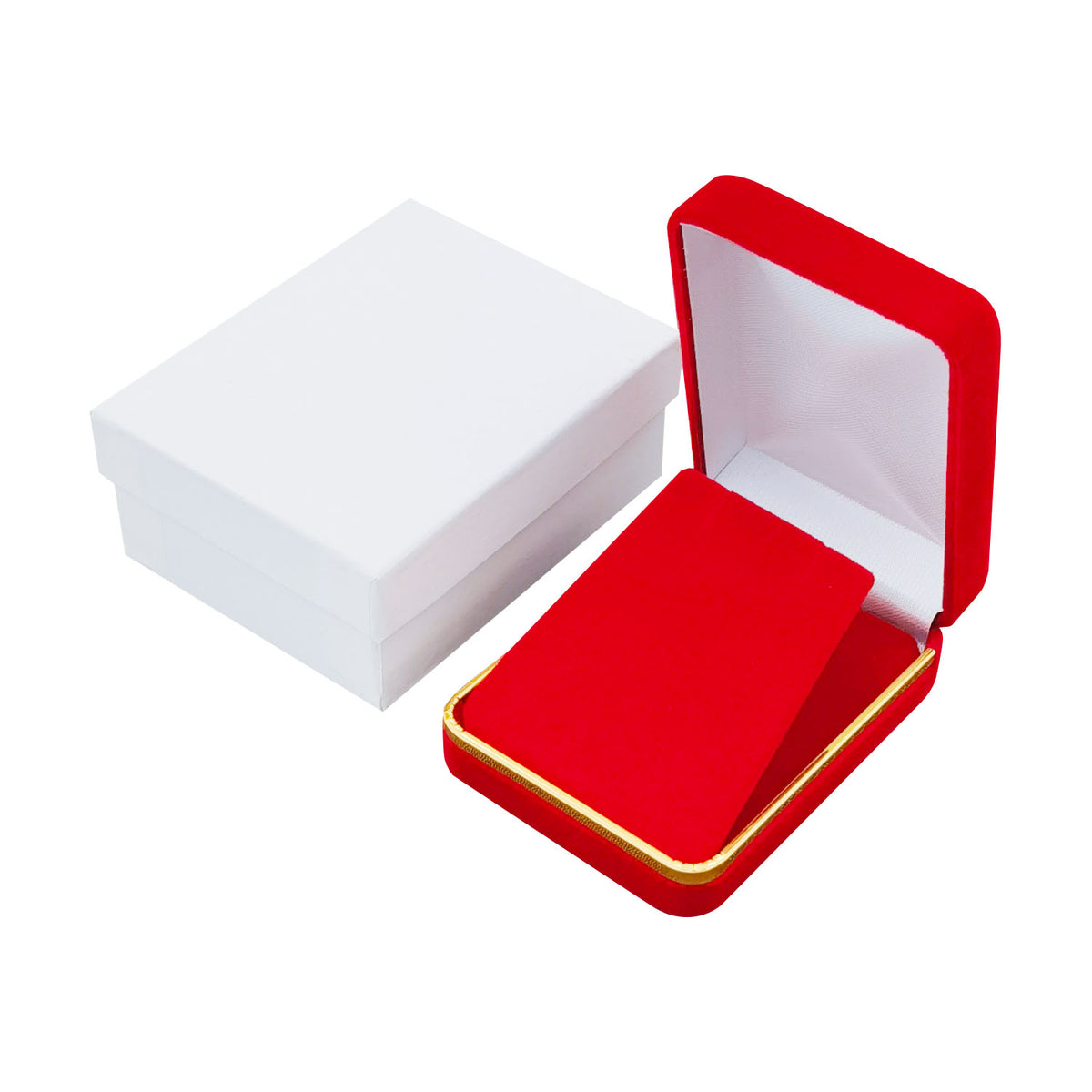 pendant box - Red Rectangular Velvet Pendant Boxes with Gold Trim - 12 Pack SP10-RD open view