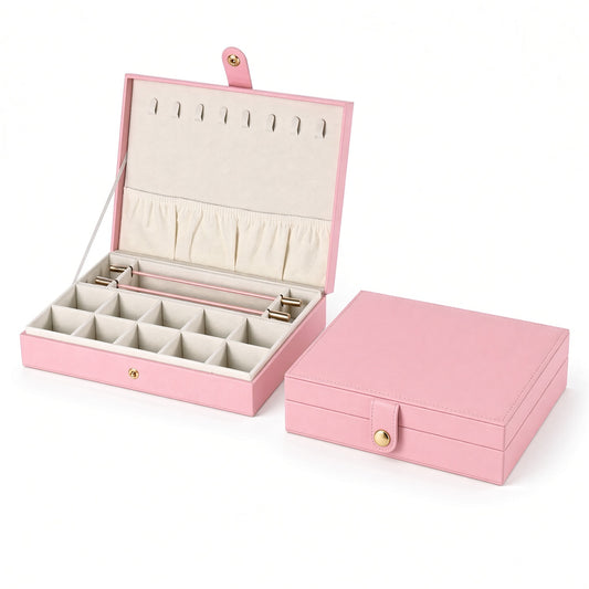 Pink jewelry box shown open with bead rods beside its closed stitched-lid view