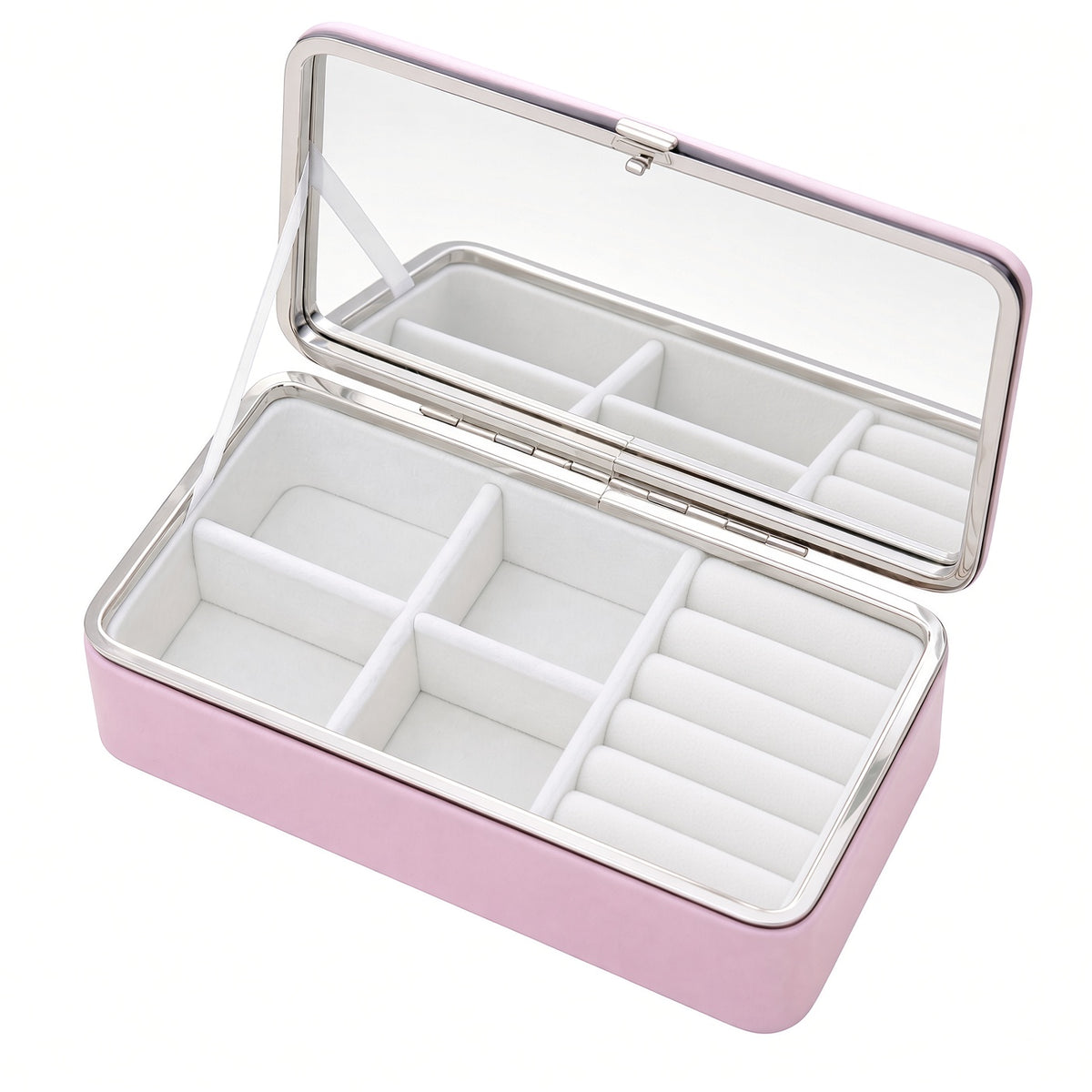 Pink travel jewelry box open with mirror, four compartments and right-side ring rolls