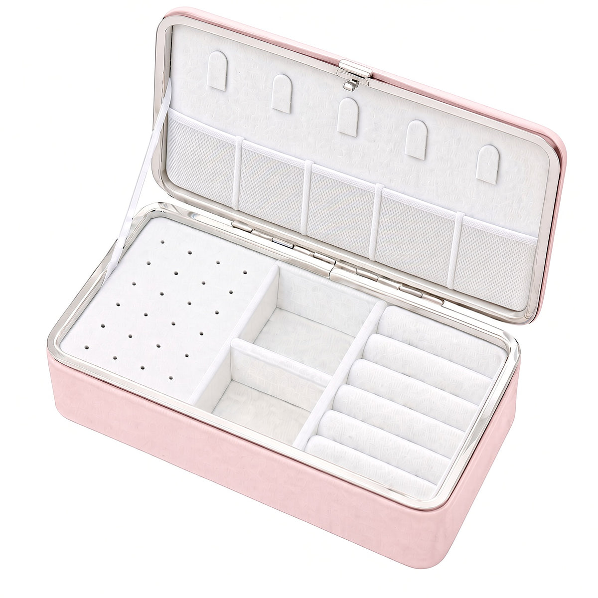 Pink necklace-hook jewelry box with five tabs, mesh pocket and earring panel