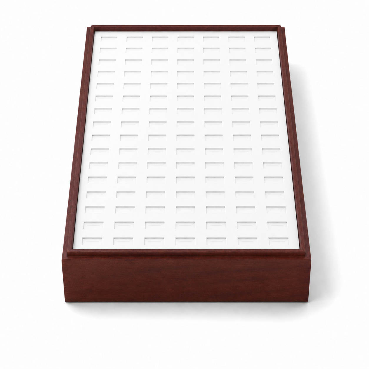 Countertop ring presentation tray with wood-look frame and white ring slots