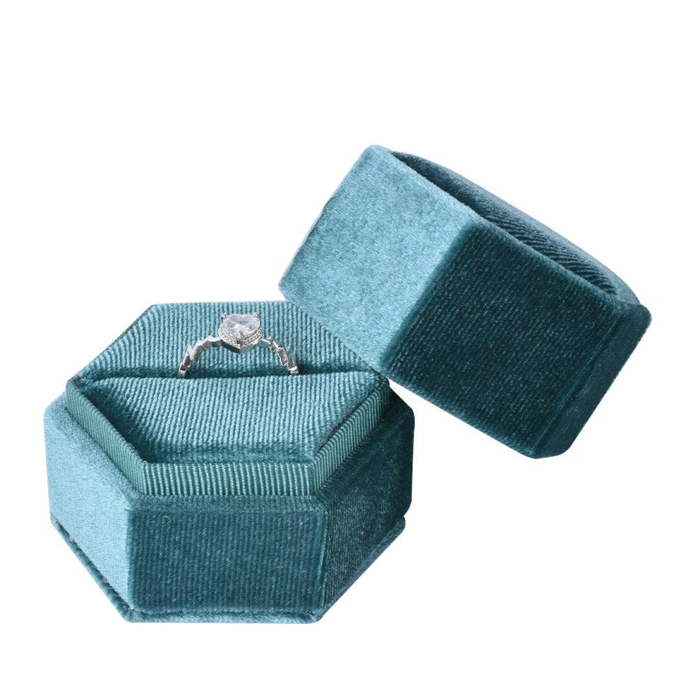 ring box - Blue Hexagonal Velvet Ring Box V09-R1 B front view
