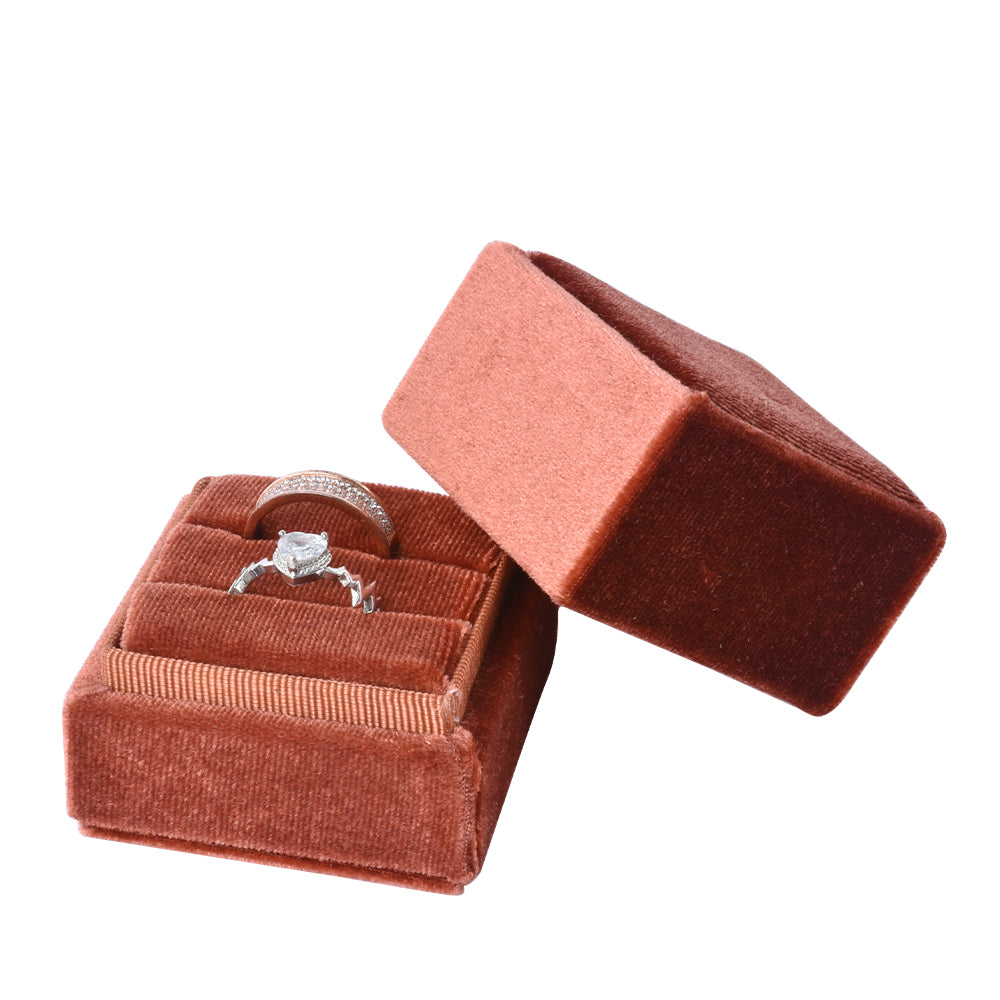 ring box - Brown Square Double Velvet Ring Box V08-R4A CO front view