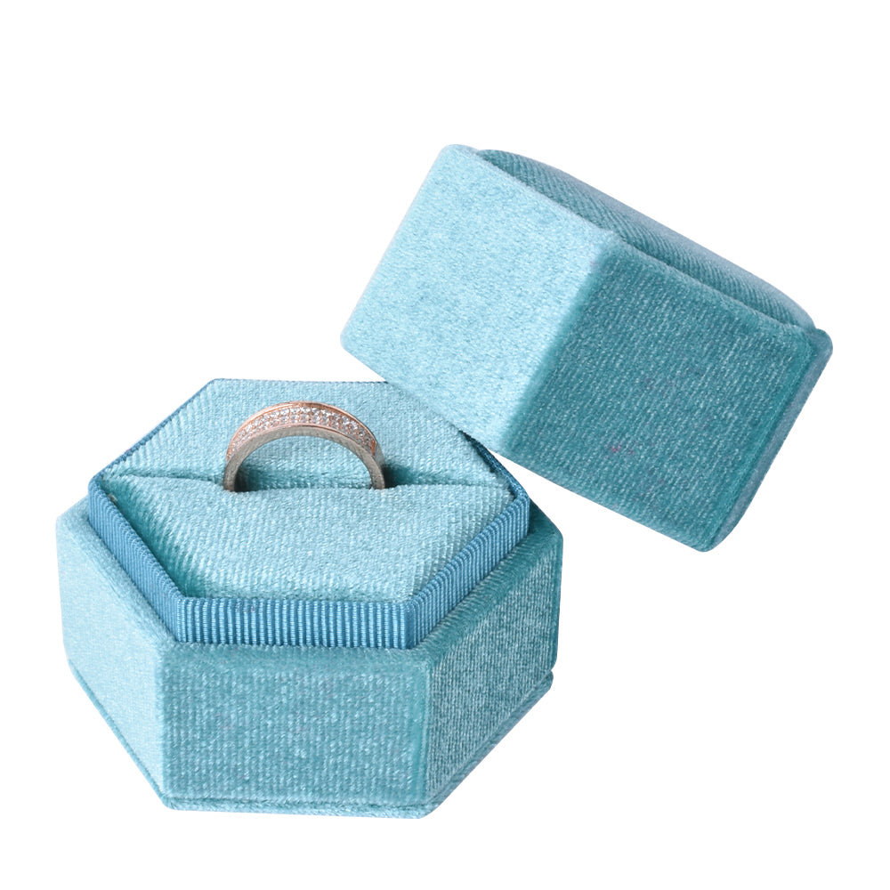 ring box - Light Blue Hexagonal Velvet Ring Box V09-R1 PEC front view
