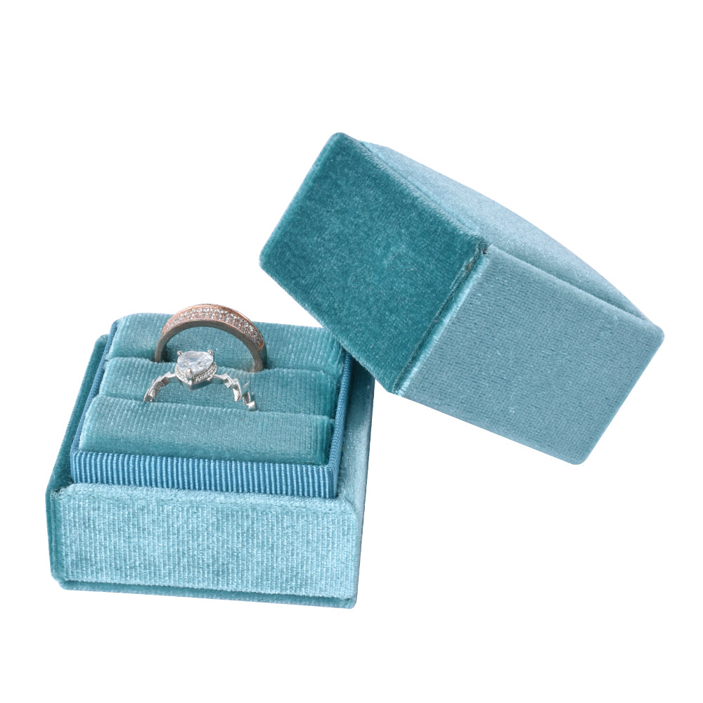 ring box - Light Blue Square Double Velvet Ring Box V08-R4A PEC front view