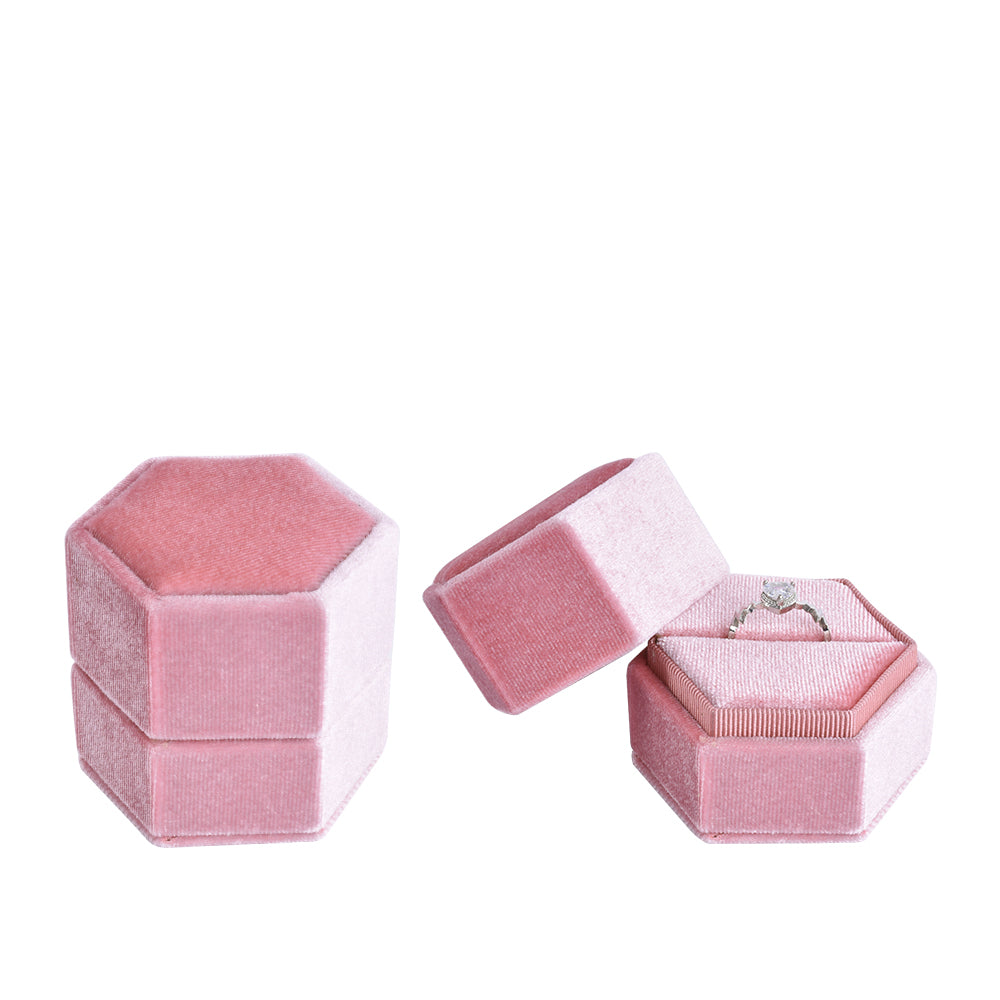 ring box - Pink Hexagonal Velvet Ring Box V09-R1 P open view