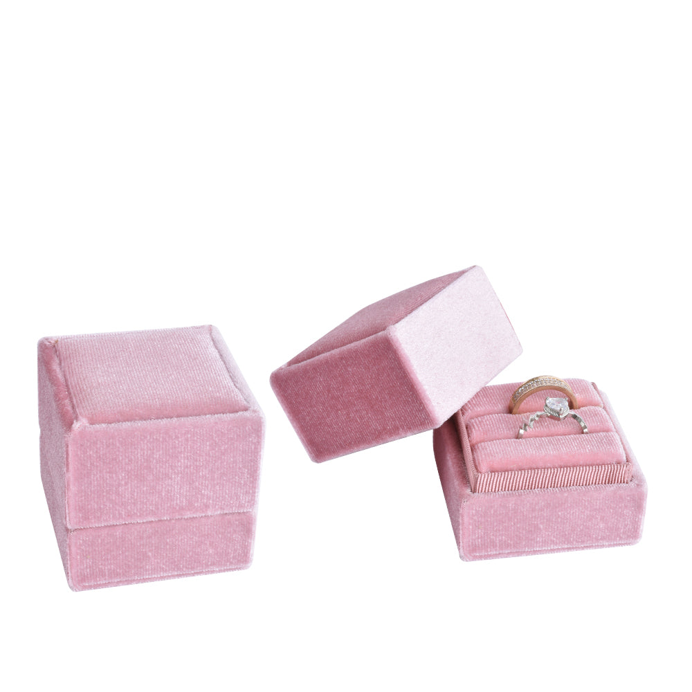 ring box - Pink Square Double Velvet Ring Box V08-R4A P open view