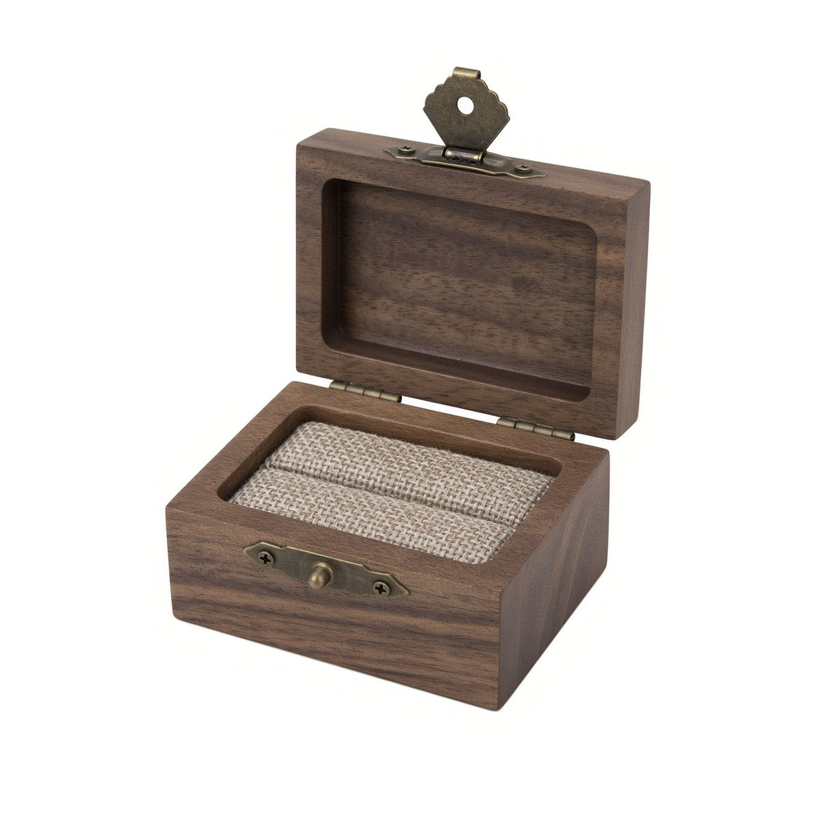 Walnut ring box open with a burlap ring slot