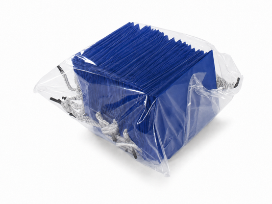 Front view of blue jewelry store gift tote bag with rope handles, 4.75 × 2.75 × 5 in