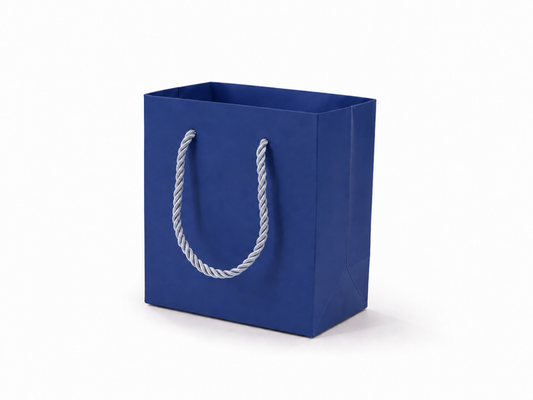 Blue small square paper gift tote bag with rope handles, 24 pack