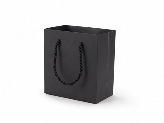 Black small square paper gift tote bag with rope handles, 24 pack