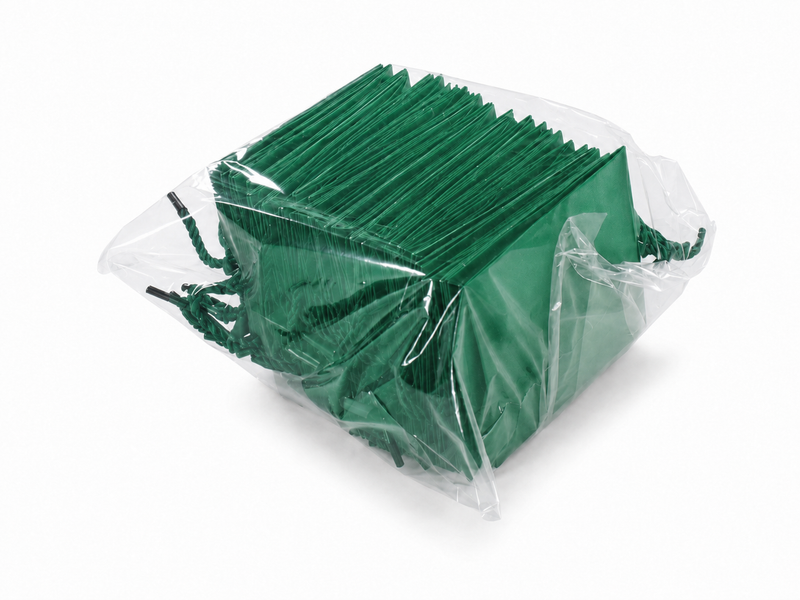 Dimensions for green small square paper tote gift bag: 4.75 × 2.75 × 5 in