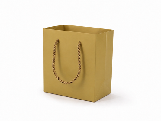 Gold small square paper gift tote bag with rope handles, 24 pack