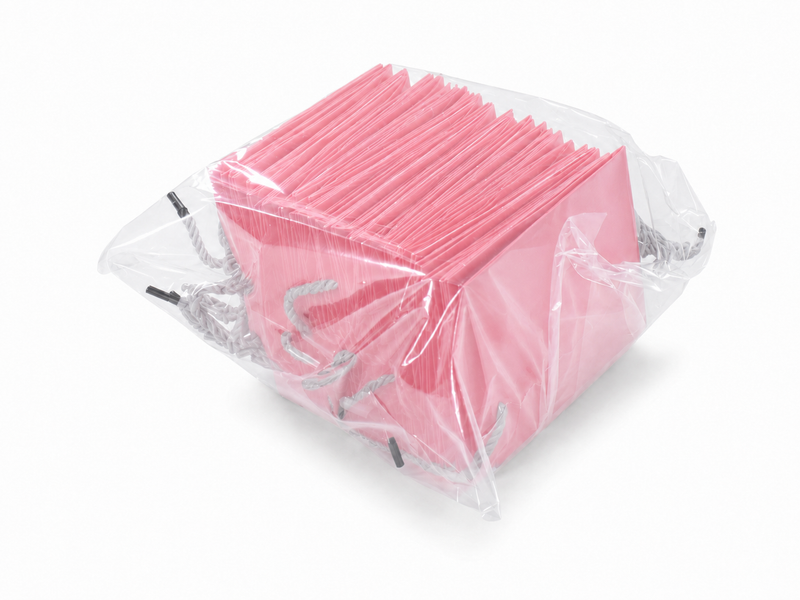 Dimensions for pink small square paper tote gift bag: 4.75 × 2.75 × 5 in