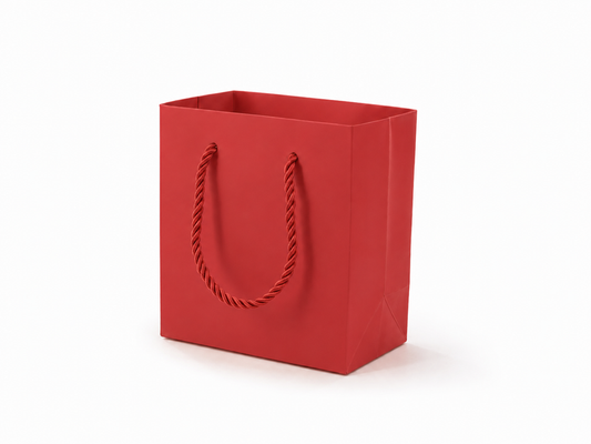 Red small square paper gift tote bag with rope handles, 24 pack