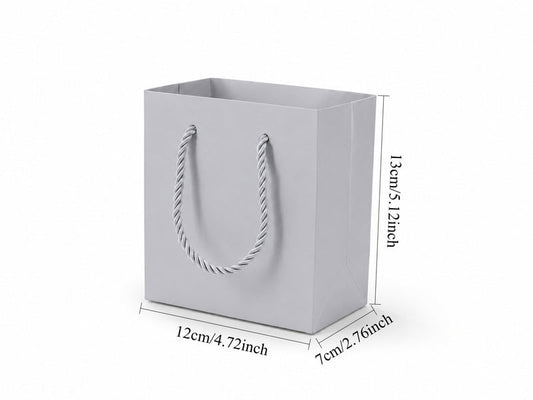 Front view of silver jewelry store gift tote bag with rope handles, 4.75 × 2.75 × 5 in