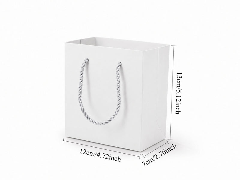 Dimensions for white small square paper tote gift bag: 4.75 × 2.75 × 5 in