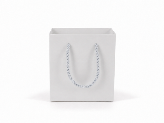 Front view of white jewelry store gift tote bag with rope handles, 4.75 × 2.75 × 5 in