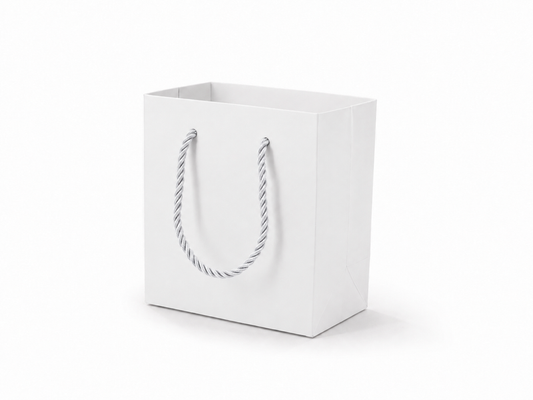 white small square paper gift tote bag with rope handles, 24 pack