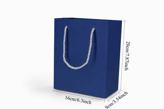 Front view of blue jewelry store gift tote bag with rope handles, 6.25 × 3.5 × 7.75 in