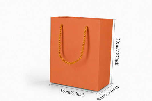 Front view of orange jewelry store gift tote bag with rope handles, 6.25 × 3.5 × 7.75 in