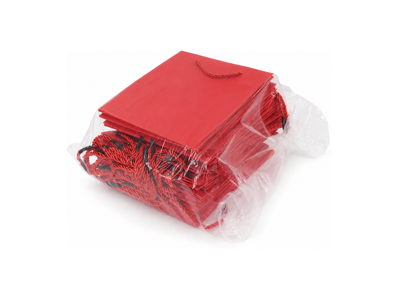 Bulk 24-pack of red paper gift bags for jewelry retail packaging, 6.25 × 3.5 × 7.75 in