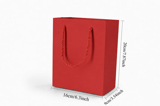 Front view of red jewelry store gift tote bag with rope handles, 6.25 × 3.5 × 7.75 in