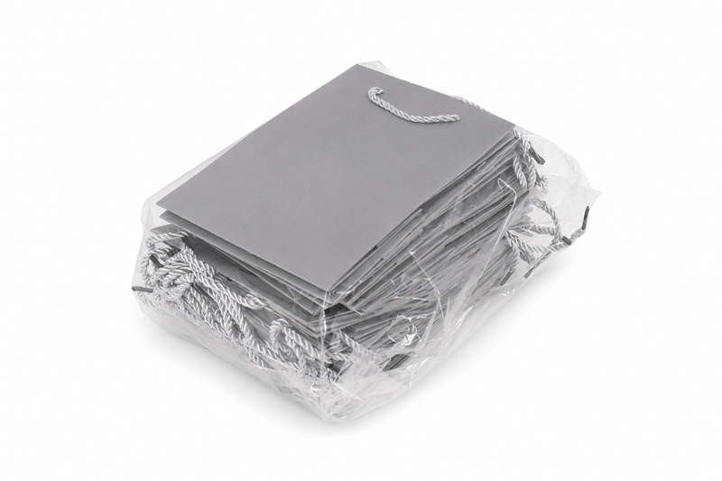 Bulk 24-pack of silver paper gift bags for jewelry retail packaging, 6.25 × 3.5 × 7.75 in