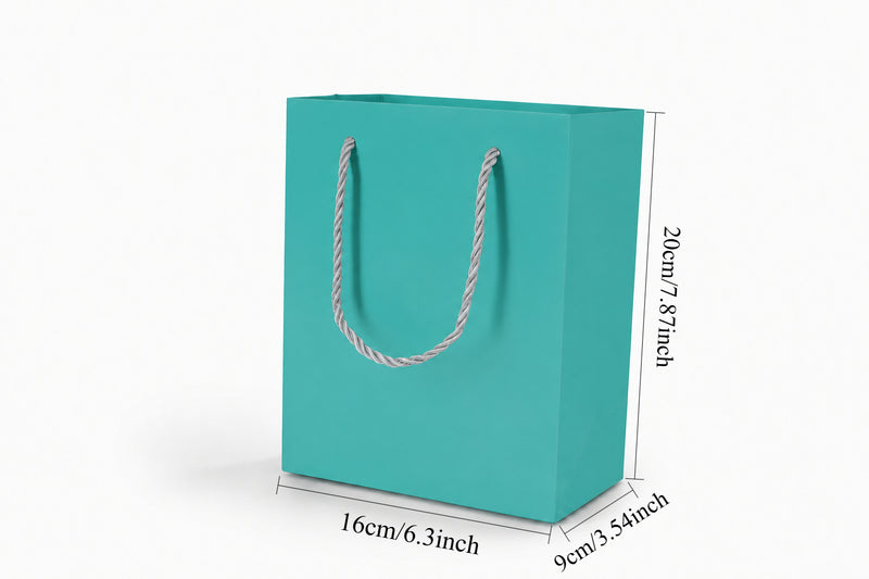 Dimensions for tiffany blue medium tall paper tote gift bag: 6.25 × 3.5 × 7.75 in