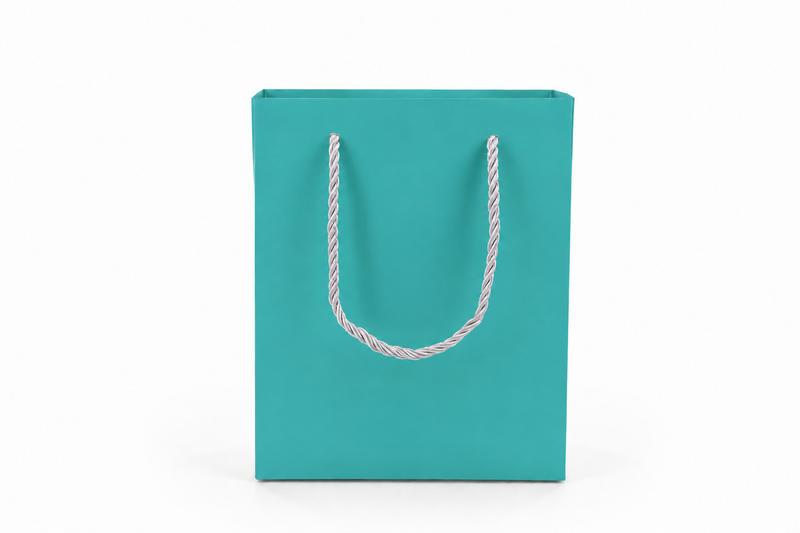 Front view of tiffany blue jewelry store gift tote bag with rope handles, 6.25 × 3.5 × 7.75 in