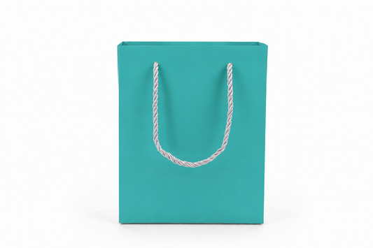 Front view of tiffany blue jewelry store gift tote bag with rope handles, 6.25 × 3.5 × 7.75 in