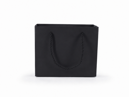 Front view of black jewelry store gift tote bag with rope handles, 7.75 × 3.5 × 6.25 in
