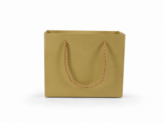 Front view of gold jewelry store gift tote bag with rope handles, 7.75 × 3.5 × 6.25 in
