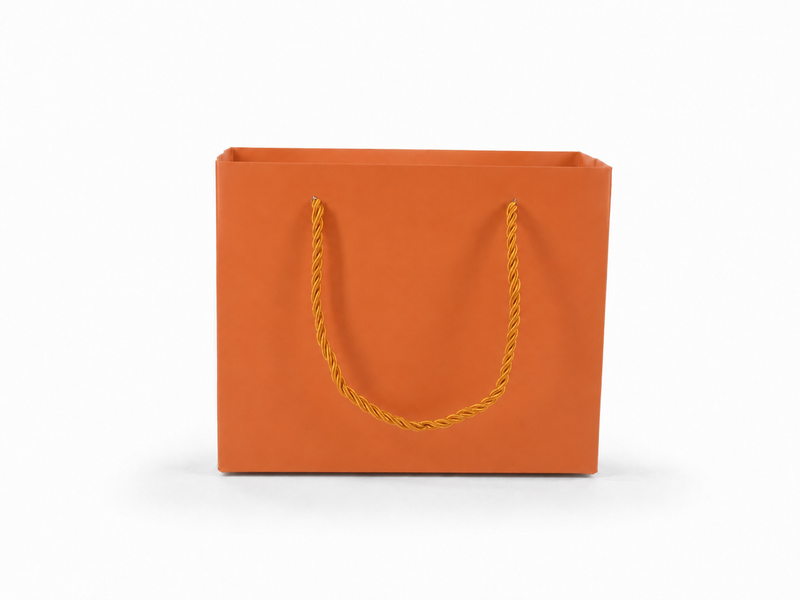 Dimensions for orange medium landscape paper tote gift bag: 7.75 × 3.5 × 6.25 in