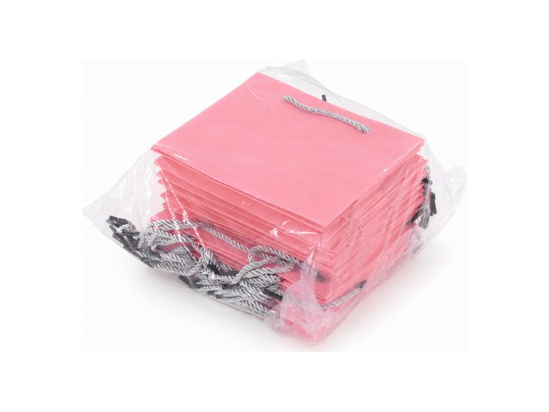Bulk 24-pack of pink paper gift bags for jewelry retail packaging, 7.75 × 3.5 × 6.25 in