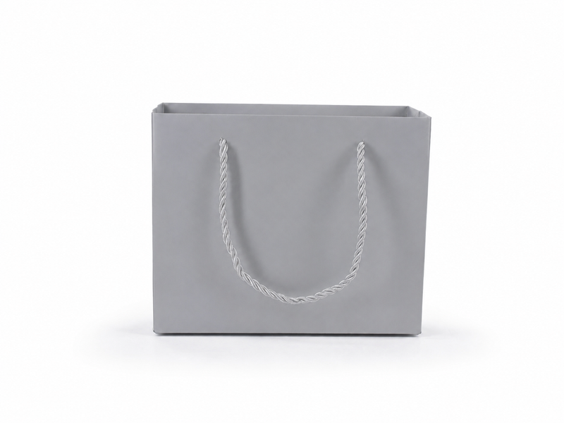 Front view of silver jewelry store gift tote bag with rope handles, 7.75 × 3.5 × 6.25 in