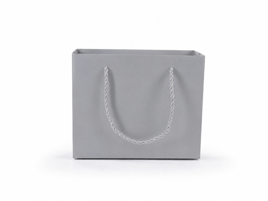 Front view of silver jewelry store gift tote bag with rope handles, 7.75 × 3.5 × 6.25 in