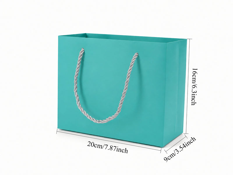 Dimensions for tiffany blue medium landscape paper tote gift bag: 7.75 × 3.5 × 6.25 in