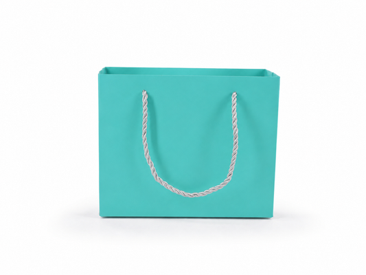 Front view of tiffany blue jewelry store gift tote bag with rope handles, 7.75 × 3.5 × 6.25 in