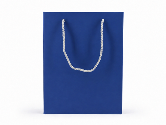 Front view of blue jewelry store gift tote bag with rope handles, 7.75 × 4.25 × 10.25 in