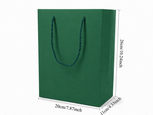 Front view of green jewelry store gift tote bag with rope handles, 7.75 × 4.25 × 10.25 in